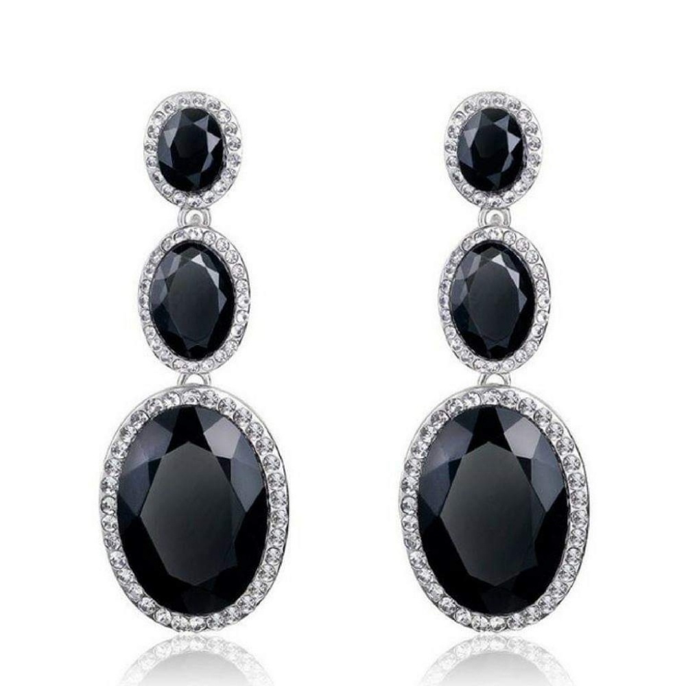 Earrings - Triple Mic Drop Black Statement Gem
